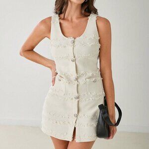 White Casual Women's Single-Breasted High-End Tassel Tweed Sleeveless Dress